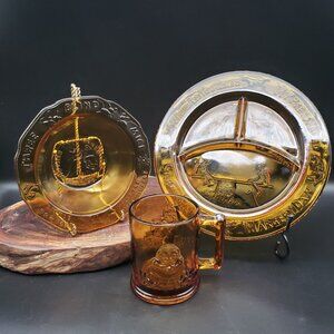 Vintage Tiara Amber Mother Goose Nursery Rhyme Plate Bowl Cup Child Set